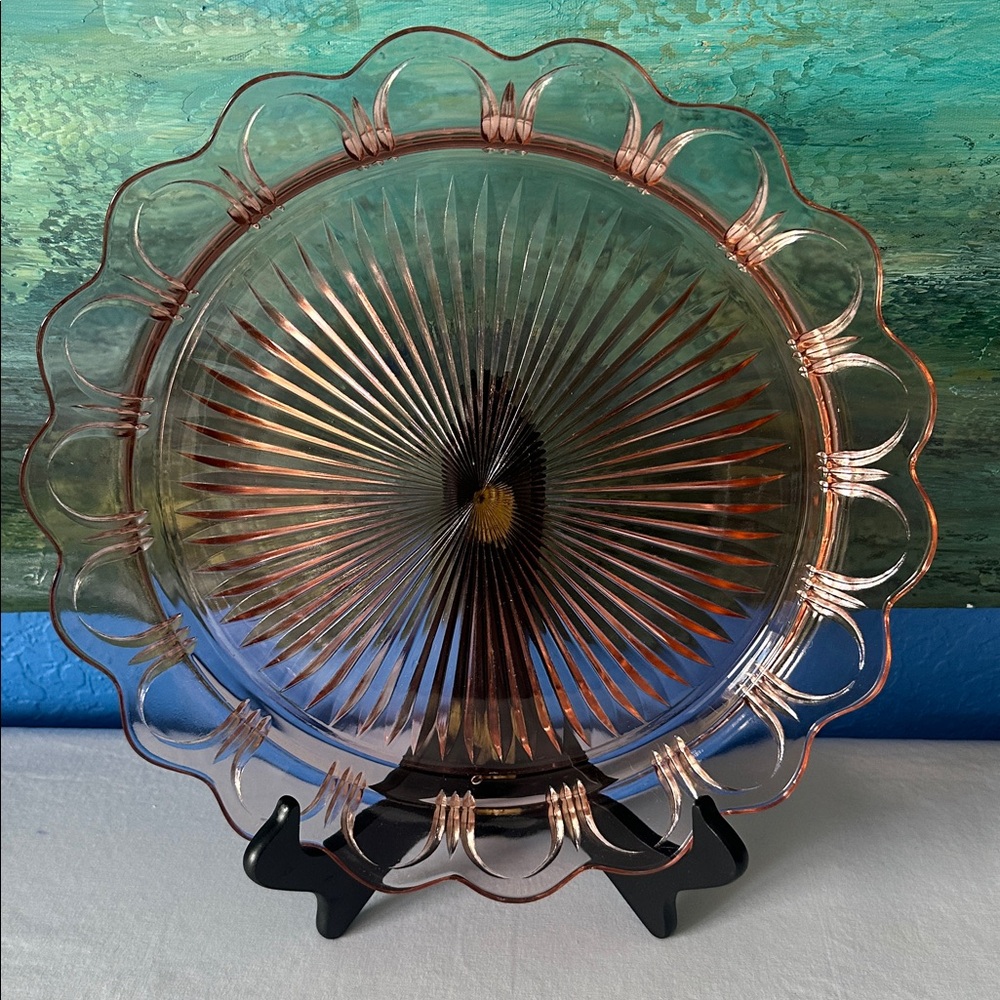 Vintage 13 inch large Anchor Hocking Pink Depression Glass Reticulated Server - Picture 3 of 11